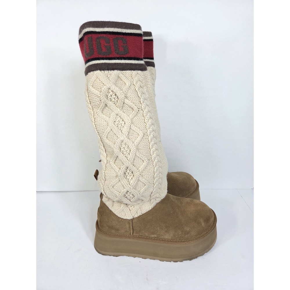 UGG Knee High Cable Knit Platform Boots Brown Cream Pull On Women 8